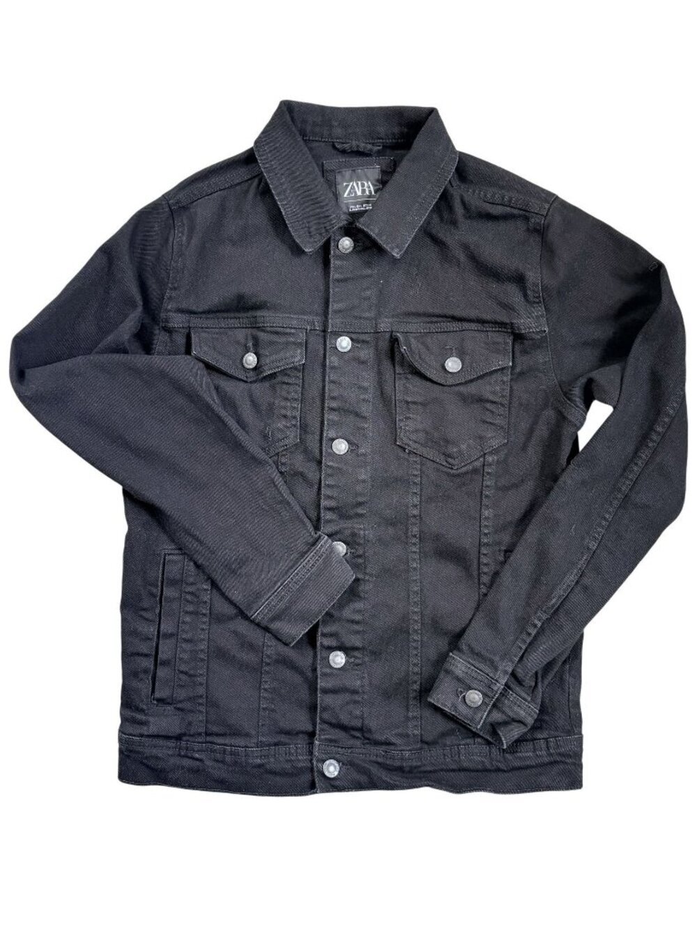 Zara Mens Black Denim Jacket With Button Closure & Pockets Size Large